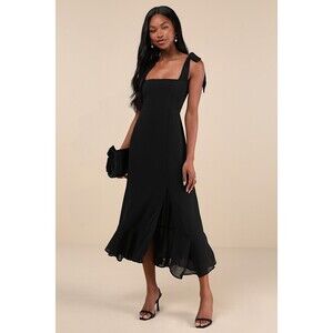 Lulus Summer Invite Black Tie-strap Tiered Midi Dress - Size M